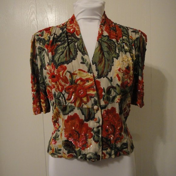 Vintage Sequined Beaded Top Red Flowers Green Leaves Elbow Sleeves Blouse Shirt - Picture 1 of 13